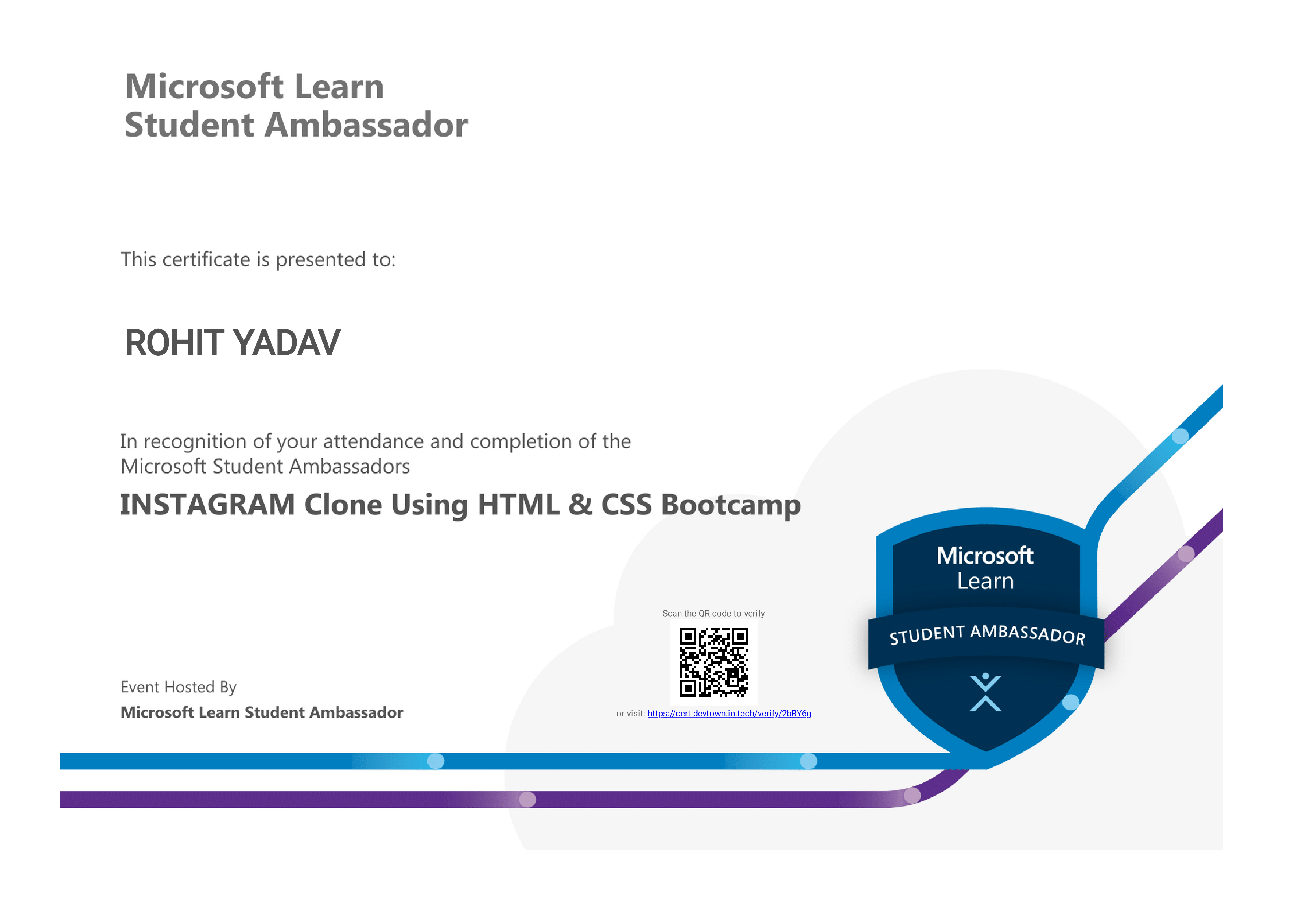 Insta Clone Microsoft student ambasaddor Certificate